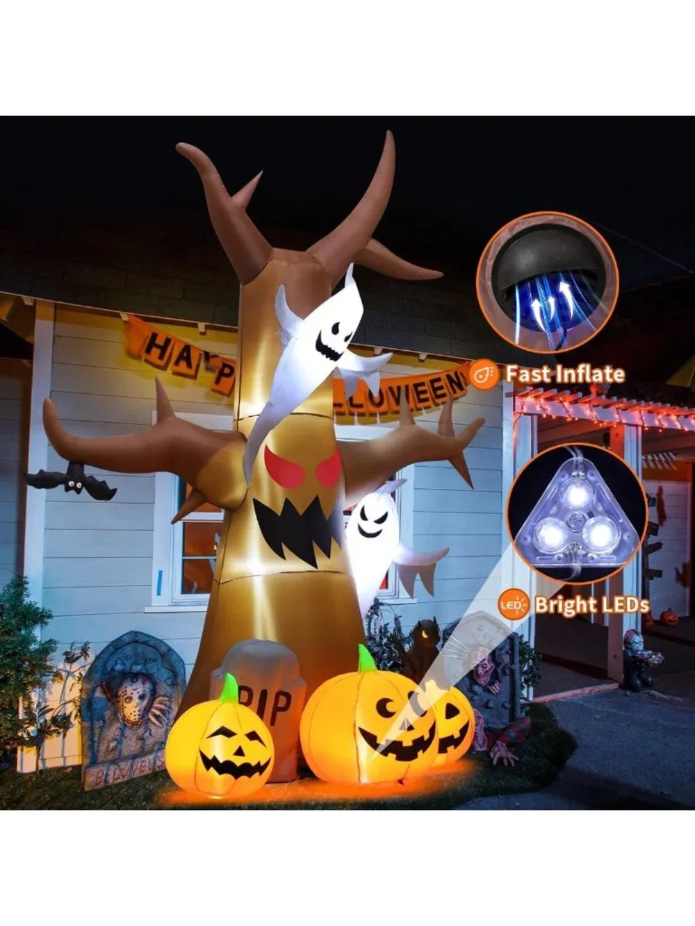 12 FT Halloween Inflatable Scary Dead Tree with Pumpkin & Ghost - LED Yard Decor